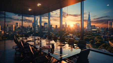 Business, Meeting room office interior glass sectioning with city view.の素材