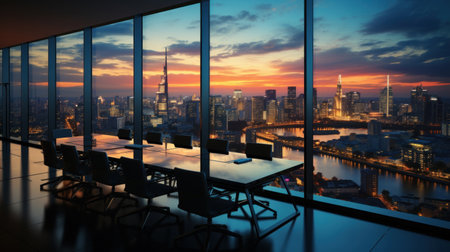 Business, Meeting room office interior glass sectioning with city view.の素材