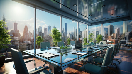 Business, Meeting room office interior glass sectioning with city view.の素材