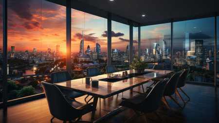 Business, Meeting room office interior glass sectioning with city view.の素材
