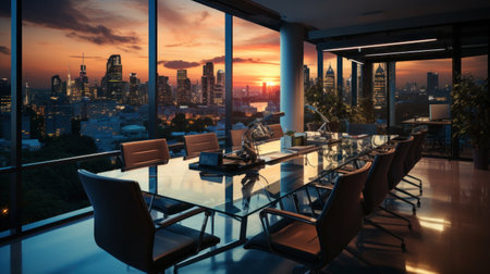 Business, Meeting room office interior glass sectioning with city view.の素材