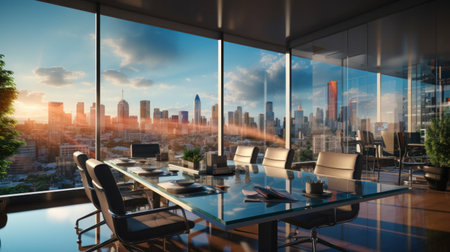 Business, Meeting room office interior glass sectioning with city view.の素材