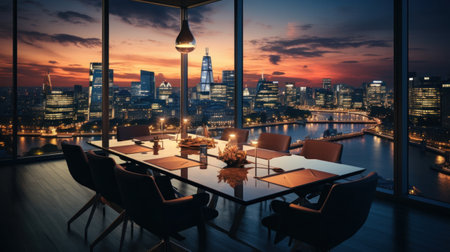 Business, Meeting room office interior glass sectioning with city view.の素材