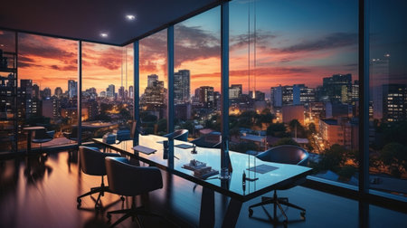 Business, Meeting room office interior glass sectioning with city view.の素材