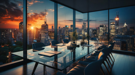 Business, Meeting room office interior glass sectioning with city view.の素材