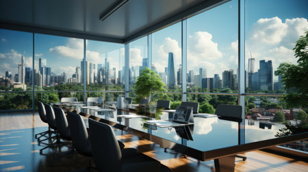 Business, Meeting room office interior glass sectioning with city view.の素材