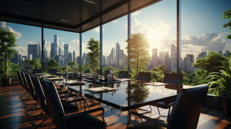 Business, Meeting room office interior glass sectioning with city view.の素材