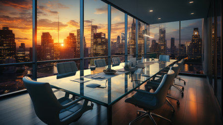 Business, Meeting room office interior glass sectioning with city view.の素材