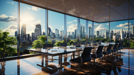 Business, Meeting room office interior glass sectioning with city view.の素材