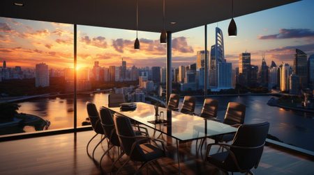 Business, Meeting room office interior glass sectioning with city view.の素材