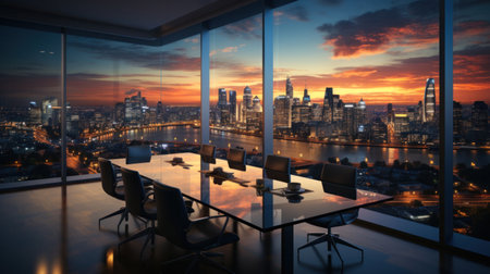 Business, Meeting room office interior glass sectioning with city view.の素材