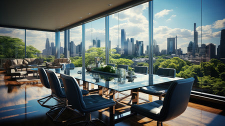Business, Meeting room office interior glass sectioning with city view.の素材