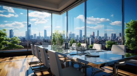 Business, Meeting room office interior glass sectioning with city view.の素材