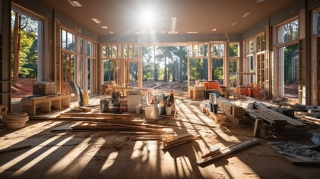 interior of spacious building construction of frame house under construction.の素材