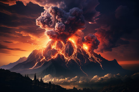 Volcano erupts on sunset background.の素材