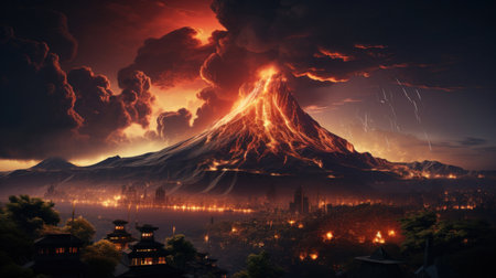 Volcano erupts on sunset background.の素材