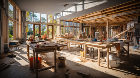 interior of spacious building construction of frame house under construction.の素材