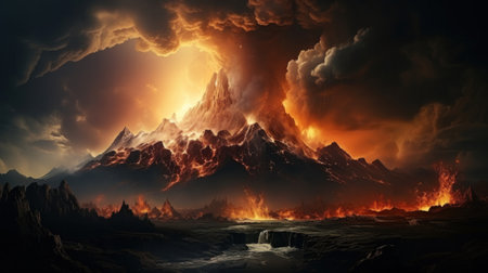 Volcano erupts on sunset background.の素材
