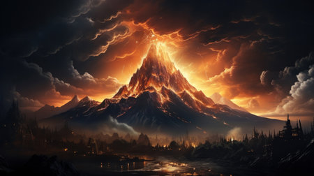 Volcano erupts on sunset background.の素材