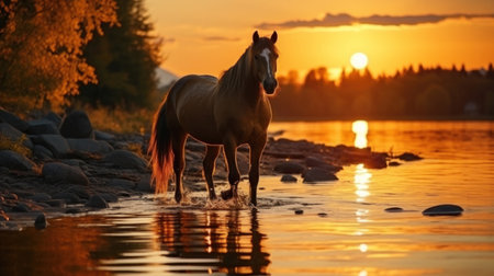 Silhouette of a horse on lake shore at sunset background.の素材