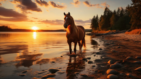Silhouette of a horse on lake shore at sunset background.の素材