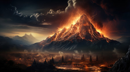 Volcano erupts on sunset background.の素材