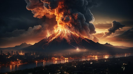 Volcano erupts on sunset background.の素材
