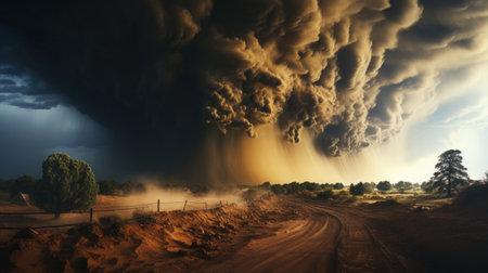 Raging tornado with black clouds in a dry dirt field.の素材