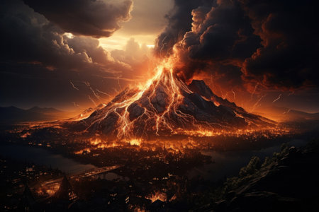 Volcano erupts on sunset background.の素材