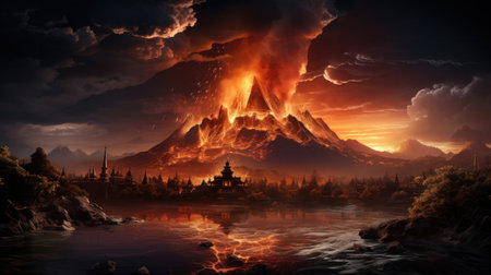 Volcano erupts on sunset background.の素材