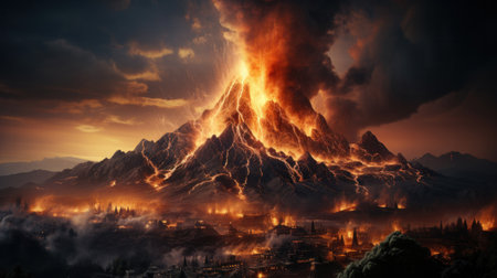 Volcano erupts on sunset background.の素材