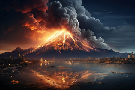 Volcano erupts on sunset background.の素材