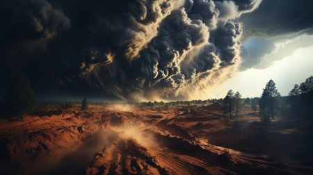 Raging tornado with black clouds in a dry dirt field.の素材