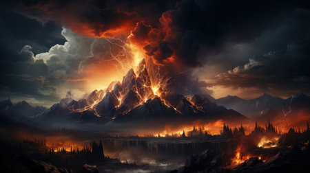 Volcano erupts on sunset background.の素材