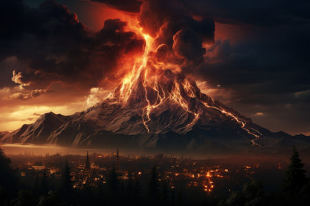 Volcano erupts on sunset background.の素材