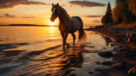 Silhouette of a horse on lake shore at sunset background.の素材