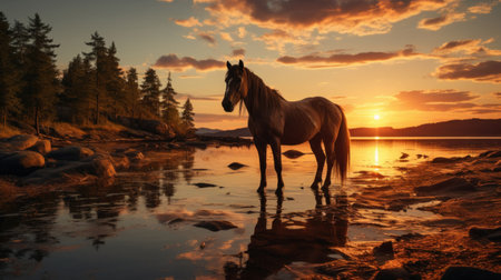Silhouette of a horse on lake shore at sunset background.の素材