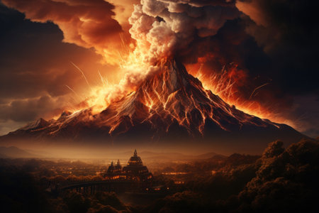 Volcano erupts on sunset background.の素材
