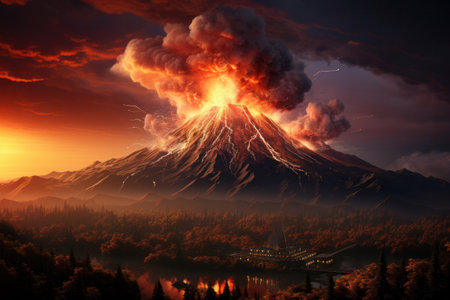 Volcano erupts on sunset background.の素材