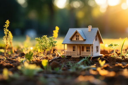 A small house on grass at outside.の素材