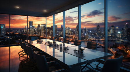 Business, Meeting room office interior glass sectioning with city view.の素材