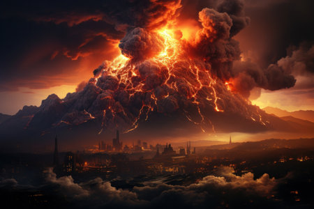 Volcano erupts on sunset background.の素材