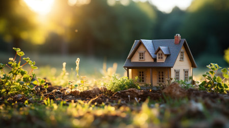 A small house on grass at outside.の素材