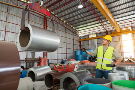 A worker in yellow hard hat and vest supervising the precise movement of a large metal coil roll by an overhead gantry crane in a busy factory.の写真素材