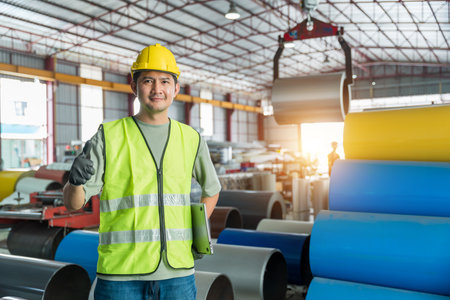 A smiling Asian industrial worker in safety uniform giving a thumbs-up gesture in a steel factory...