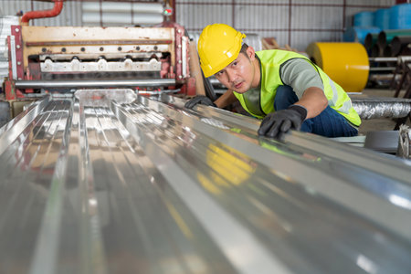 Worker inspecting a newly produced metal sheet roofing panel on the assembly line of a heavy industrial roll forming machine in the factory.の写真素材