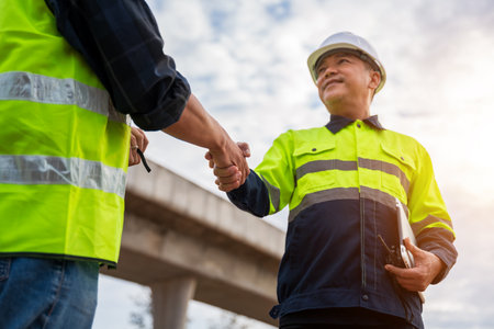 Two construction engineers in safety gear shake hands, finalizing a deal or showing successful teamwork at a construction site.の写真素材