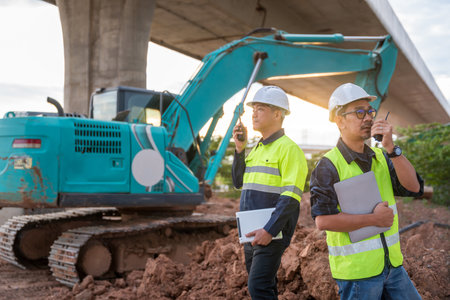 Two construction engineers use two-way radios to coordinate work in front of an excavator under a concrete highway overpass.の写真素材