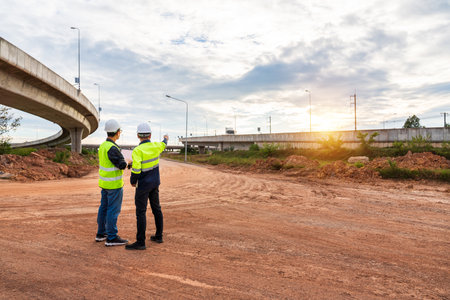 Two construction engineers stand on a muddy dirt road, pointing toward the sunset near a highway overpass on the job site.の写真素材