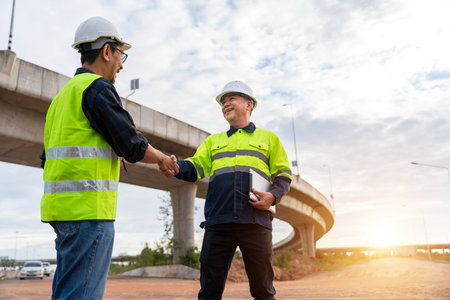 Two Asian engineers shaking hands on a dusty construction site near a curved overpass during a bright sunset.の写真素材